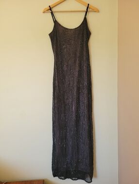 Vintage 90s Beaded Mesh Overlay Whimsigoth Gown Formal Maxi Dress Purple Vampy